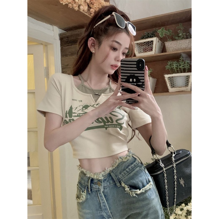 Áo baby tee Thun croptop Tay Ngắn Giả Hai Lớp Phong Cách Retro Mỹ Thời Trang Mùa Hè Cho Nữ