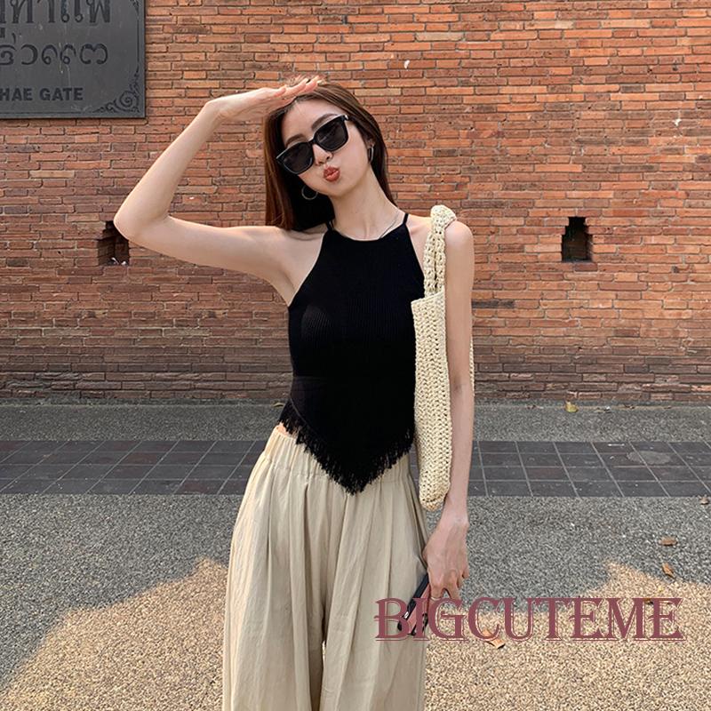 Áo Hai Dây Dệt Kim Phối Tua Rua Hở Lưng Thời Trang Mùa Hè Cho Nữ