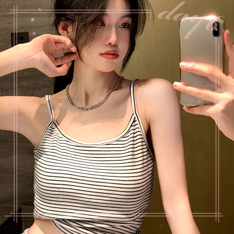 Áo Croptop Dệt Kim Sát Nách Hở Lưng Họa Tiết Kẻ Sọc Thời Trang Mùa Hè Phong Cách Hàn Quốc Cho Nữ