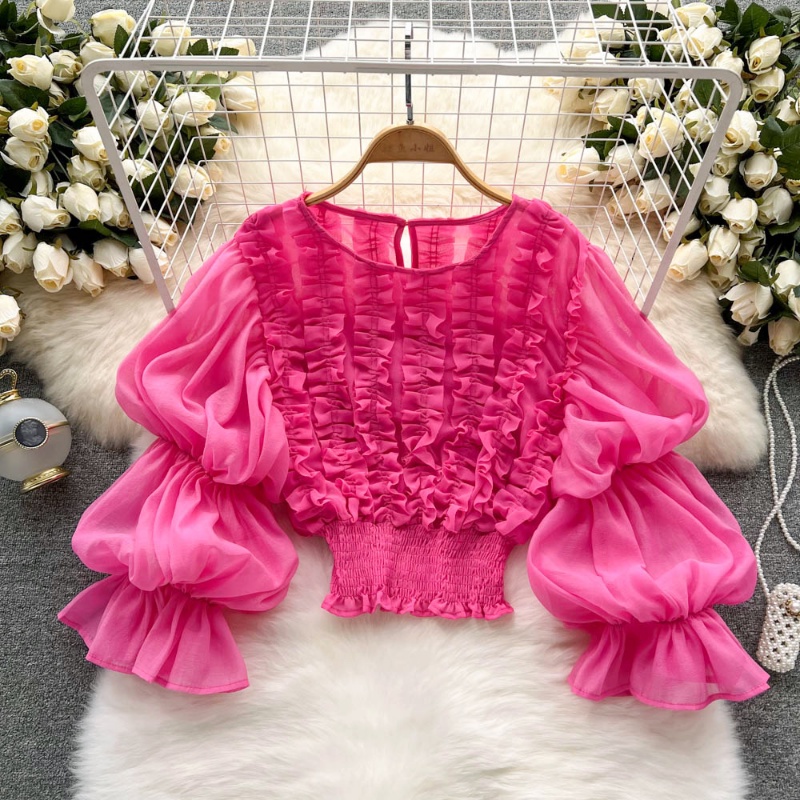 Áo Chiffon Tay Phồng Ngắn Màu Trơn Phối Ren Thời Trang Mùa Hè Quyến Rũ Cho Nữ