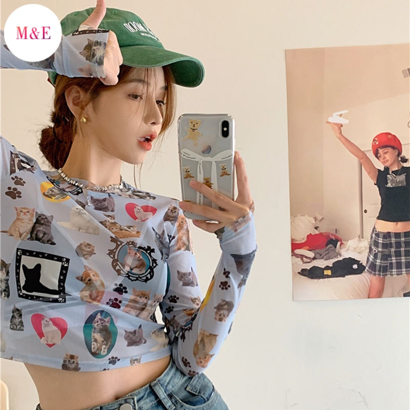 M &amp; E Hyuna Áo Thun Lụa Lạnh Mỏng Tay Dài Chống Nắng Mùa Hè 2023 Phong Cách Ngọt Ngào Cho Nữ