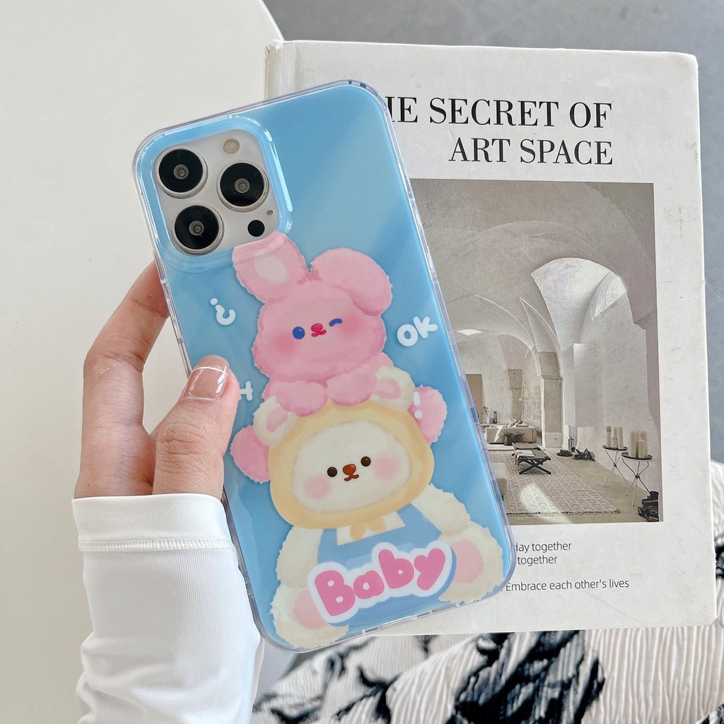 Ốp Điện Thoại Silicon TPU Mềm Trong Suốt Hai Mặt Hình Gấu Thỏ Chống Sốc Cho iPhone 14 13 12 11 Pro Max