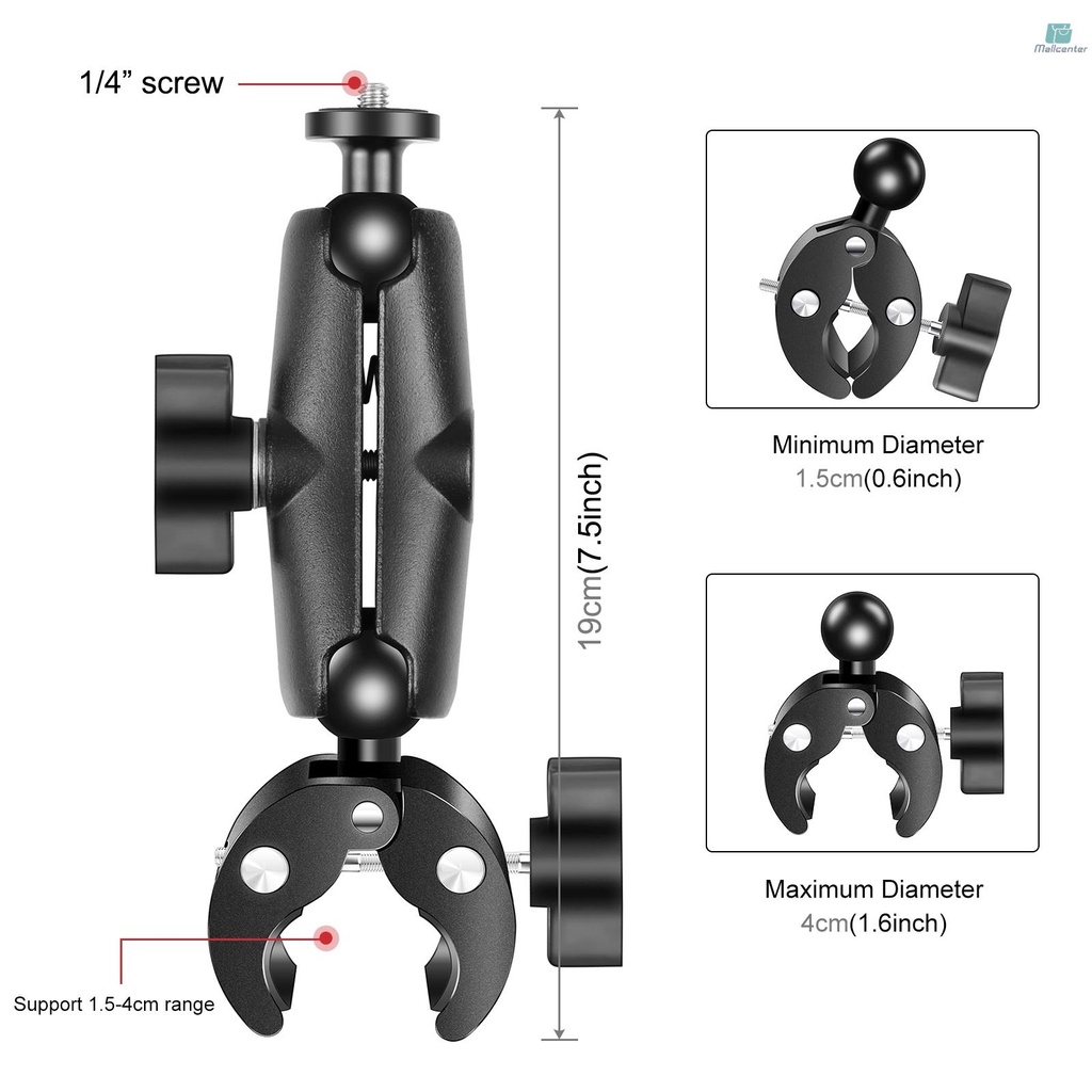 PULUZ PU909B Motorcycle Clamp Bicycle Handlebar Super Clamp Mount Dual 360° Rotatable Ball Head with Sports Camera Mount Adapter & 1/4 Inch Screw Mount Adapter Replacement for  iPhone Insta360 X3/X2