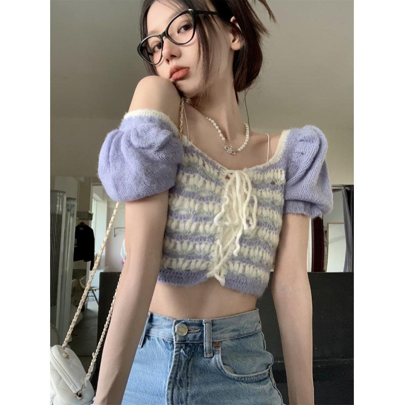 [F &amp; X] Áo Sweater Tay Phồng Cổ Vuông Thắt Dây Phong Cách Pháp Thanh Lịch Mùa Hè Cho Nữ
