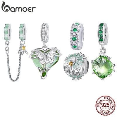 Bamoer Dây Chuyền Bạc 925 Xỏ Hạt Tự Làm Mặt Hình Cây Màu Xanh Lá Thời Trang Cho Nữ