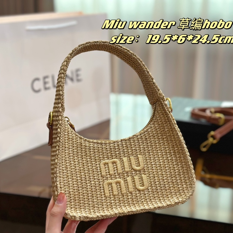 Miumiu Túi Xách Rơm Dệt Thêu Chữ Sức Chứa Lớn Đa Năng Thời Trang Mùa Hè
