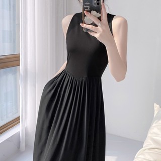 Đầm Dài Dáng Chữ a Không Tay Cổ Tròn Màu Đen Thời Trang Mùa Xuân Dành Cho Nữ