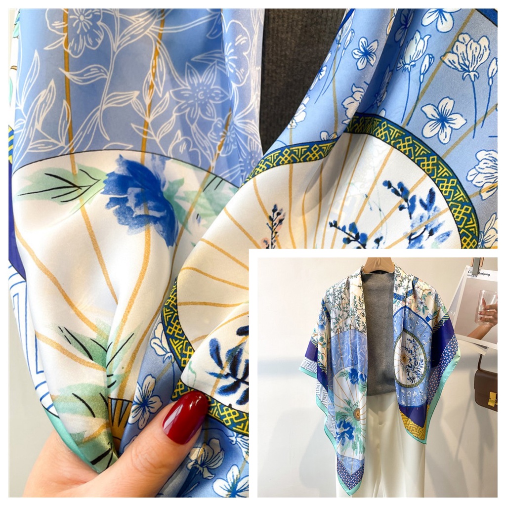 Khăn Choàng Lụa Satin Vuông 110cm In Họa Tiết Hoa / Xương Cá Kiểu Retro Dễ Phối Đồ Cho Nữ