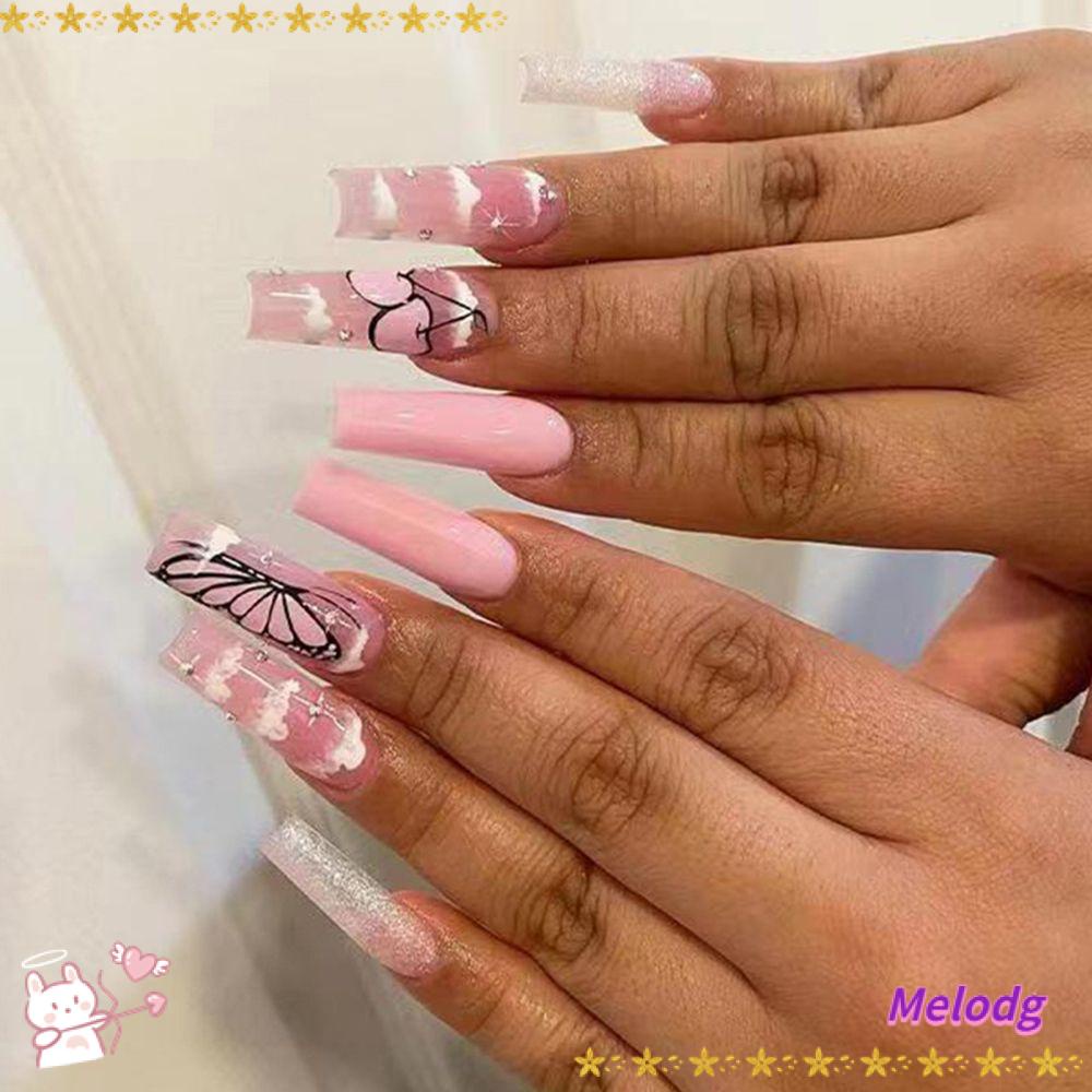 Bộ 24 Móng Tay Giả Dáng Dài Họa Tiết Bươm Bướm Phong Cách Pháp