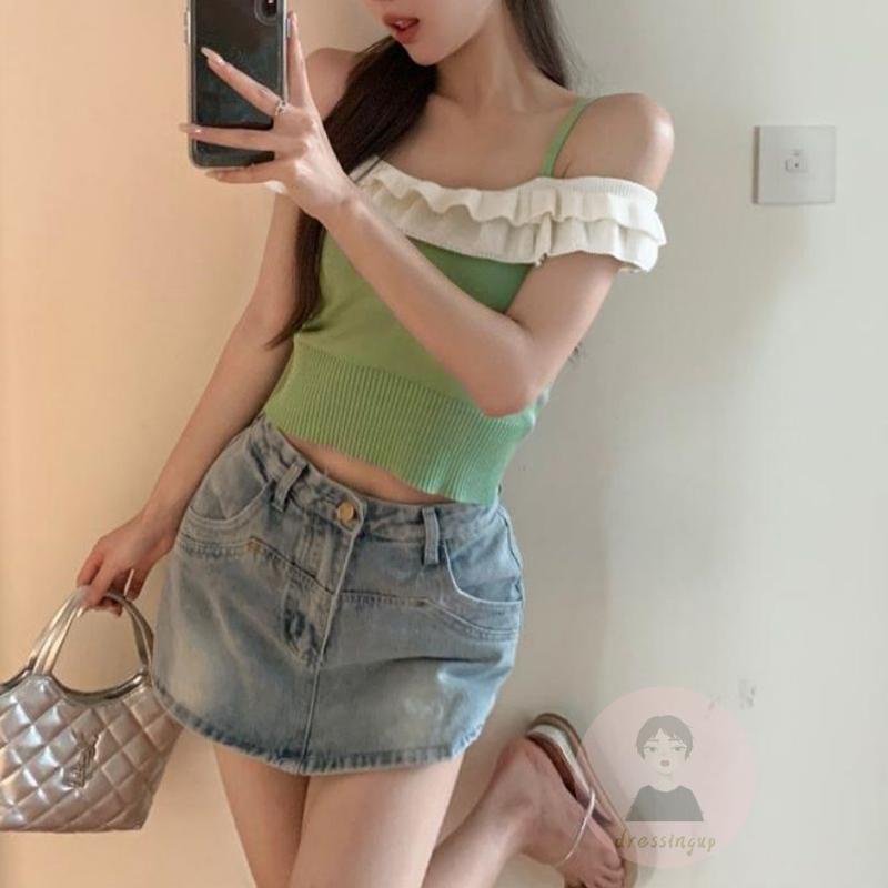 Áo Dệt Kim Sát Nách Hở Vai Phối Bèo Thời Trang Mùa Hè Cho Nữ