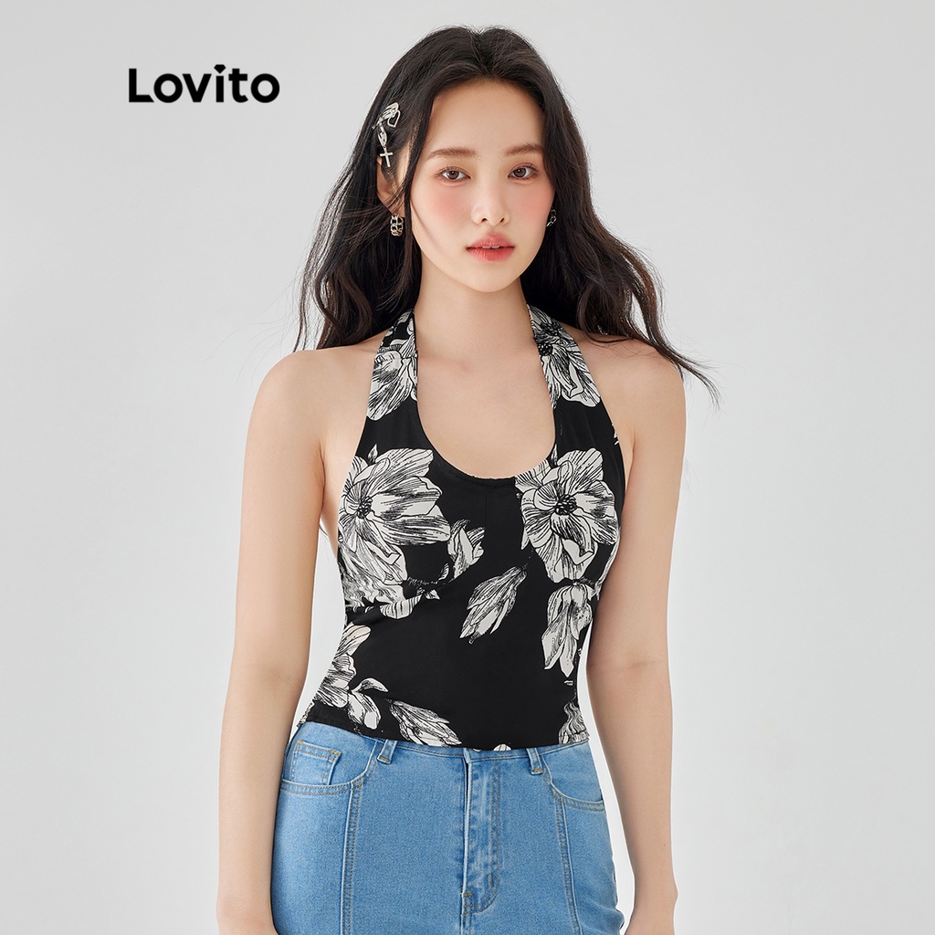 Lovito Áo ba lỗ không tay phối ren họa tiết hoa đơn giản cho nữ L49AD034 (Đen)