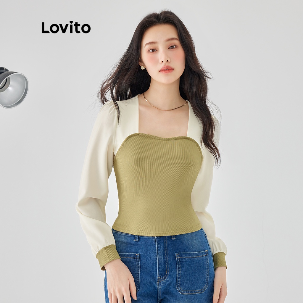 Áo Lovito tay dài cổ vuông phối lưới tương phản màu trơn cơ bản cho nữ LNE02226 (màu xanh lá)