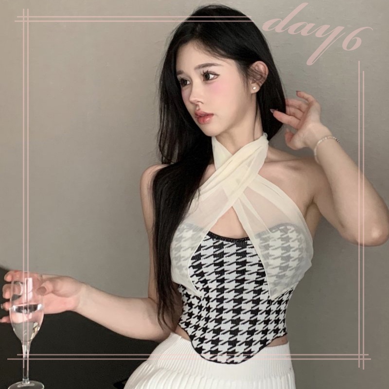 Áo Croptop Dệt Kim Phối Lưới Phong Cách Retro Cho Nữ