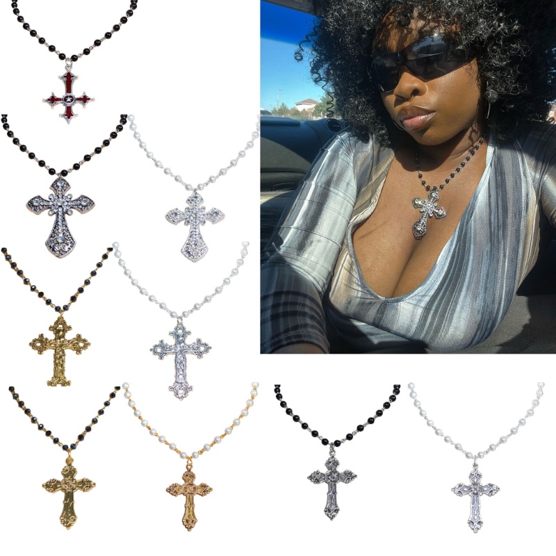 Vòng Cổ Choker Chuỗi Hạt Ngọc Trai Mặt Thánh Giá Phong Cách Gothic