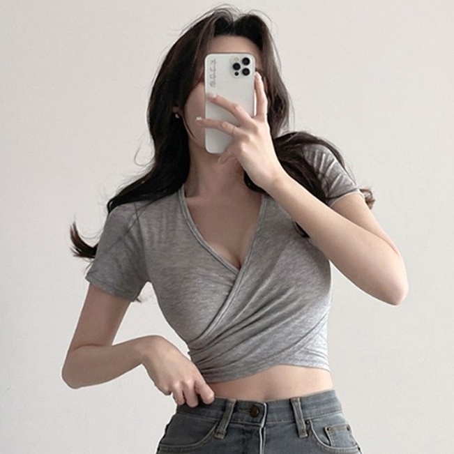 Áo Thun Nữ Ngắn Tay Cổ Chữ V Dây Chéo Lưng Thời Trang