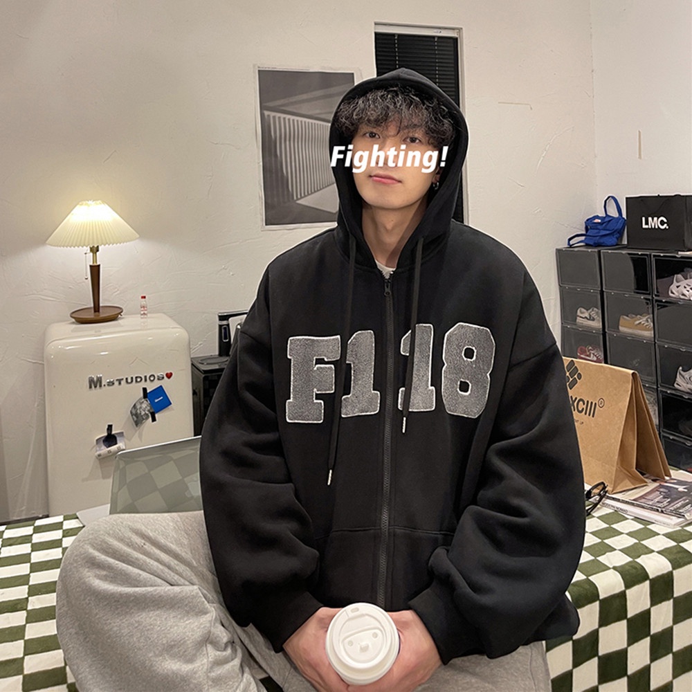 Áo khóa nỉ có mũ trùm đầu màu nâu của nam giới áo khoác oversize