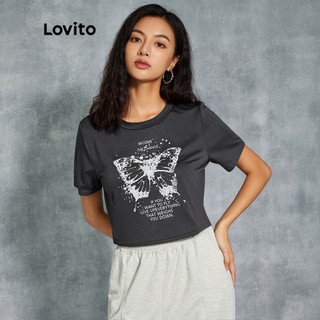 Lovito Áo Thun Lửng Tay Ngắn In Hình Bướm Cổ Điển L20D1128