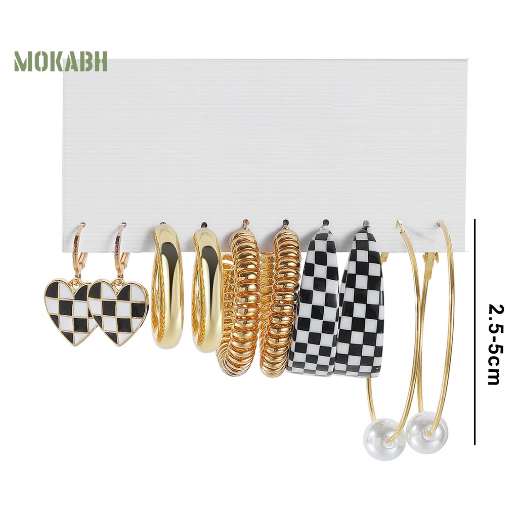 Set 5 Đôi Bông Tai Dạng Vòng Hình Học Họa Tiết Bướm / Trái Tim / Ngọc Trai Giả Màu Trắng Đen Thời Trang Cho Nữ