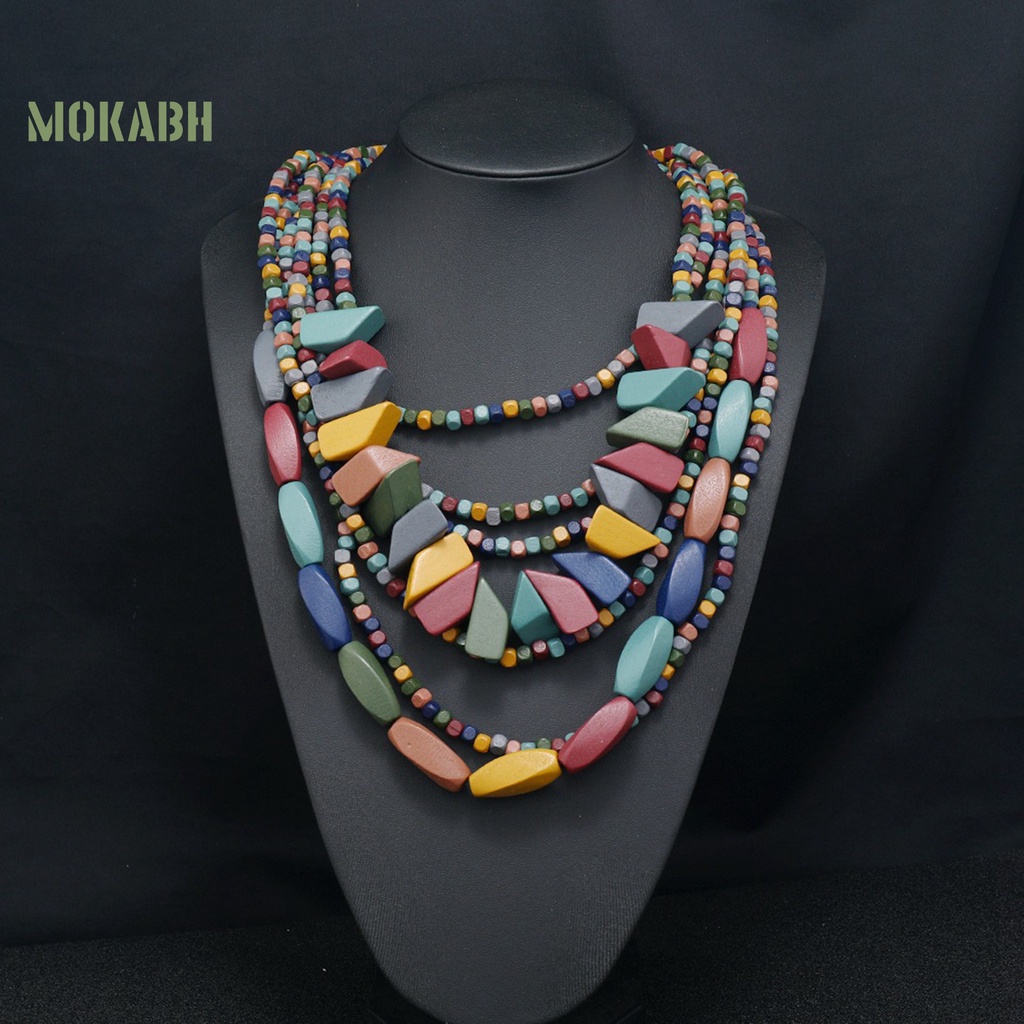 [Mới] Vòng Cổ Xỏ Hạt Gỗ Nhiều Lớp Nhiều Màu Sắc Vintage Thời Trang Dân Tộc Thích Hợp Đi Tiệc Ngày Lễ