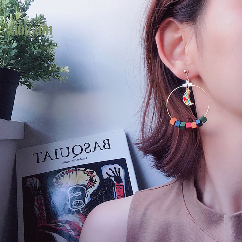 Bông Tai Hình Tròn / Mặt Trăng Bằng Gỗ Thời Trang Dự Tiệc Cho Nữ