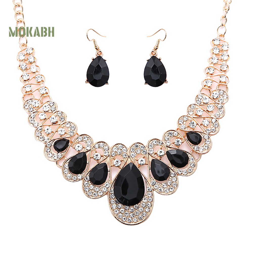 Set 2 Vòng cổ + Bông Tai Đính Đá Hình Giọt Nước