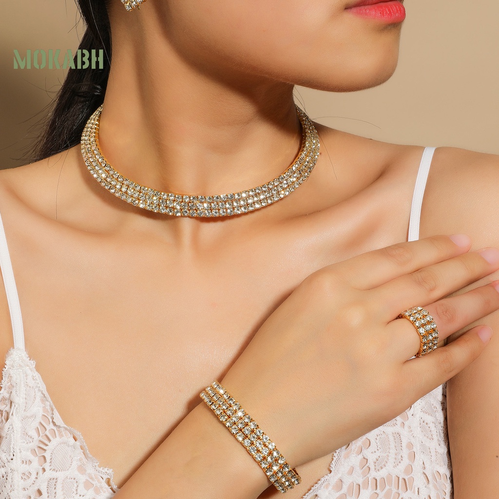 Bộ Trang Sức 4 Món Gồm Vòng cổ / Nhẫn / Bông Tai / Vòng Tay Mở Rộng Điều Chỉnh Được Nhiều Hàng Đính Đá