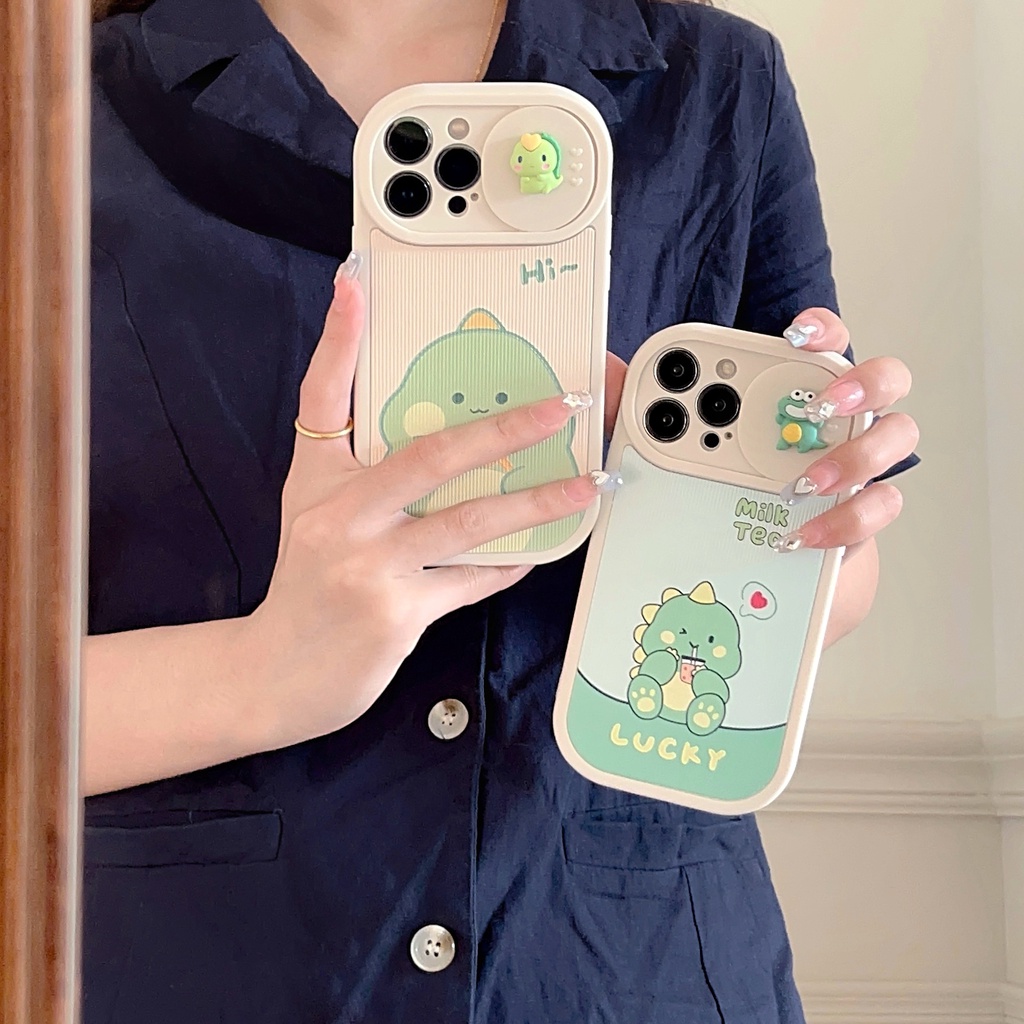 Ốp Điện Thoại Silicon TPU Mềm Hình Khủng Long Hoạt Hình 3D Có Nắp Trượt Bảo Vệ Camera Cho iPhone 13 12 11 Pro Max 14 Plus