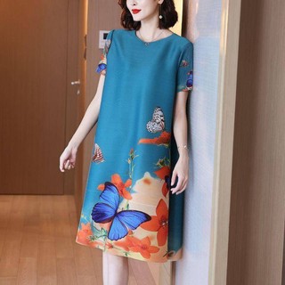 Miyake Phong Cách Nhăn Đầm Nữ In Hình Mùa Hè Phong Cách Mới Nữ Thời Trang Sang Trọng Rời Hoa Bướm Xanh Váy Ngắn Tay Thanh Lịch Siêu Nhẹ Siêu Mỏng Đầm Size Lớn