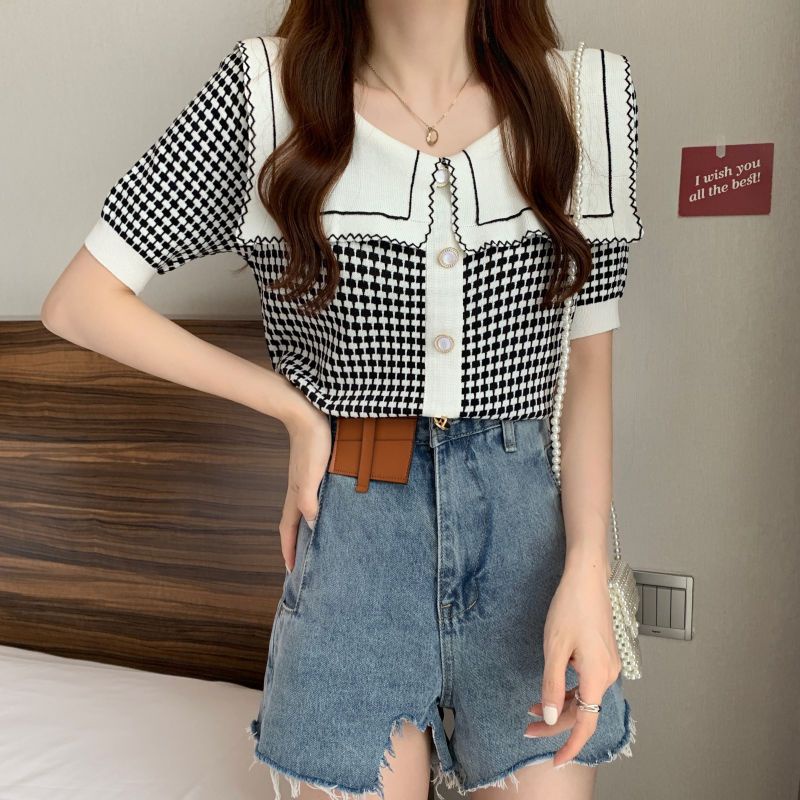 Cozok Áo Thun Dệt Kim Tay Ngắn Cổ Thủy Thủ Màu Tương Phản Thời Trang