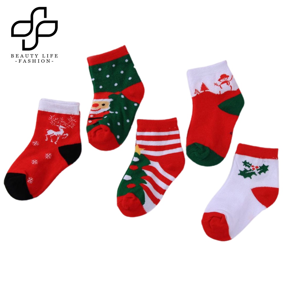 Bộ 5 Đôi Vớ Co Giãn Chống Mòn In Họa Tiết Giáng Sinh Cho Bé Trai Và Gái