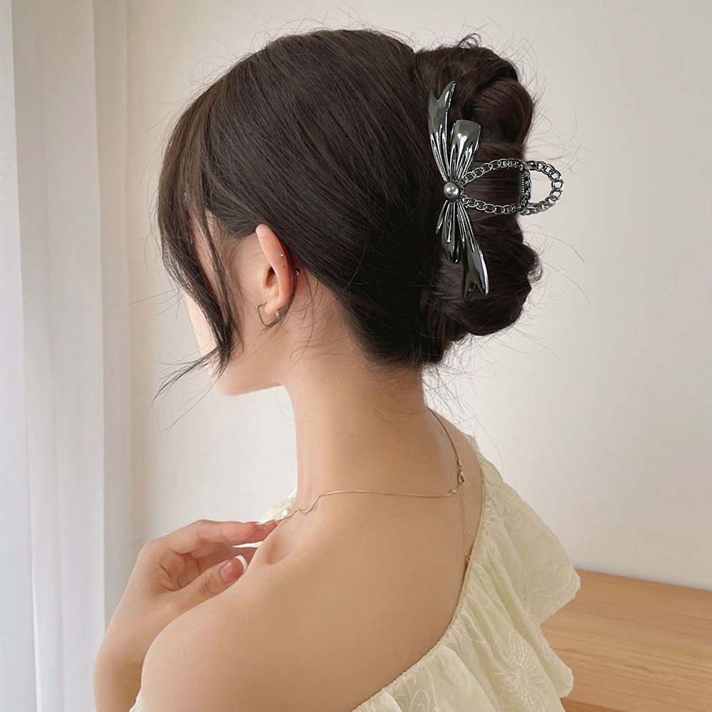 Kẹp Tóc Hình Nơ Đính Ngọc Trai Bằng Kim Loại Phong Cách Hàn Quốc Ngọt Ngào Cho Nữ