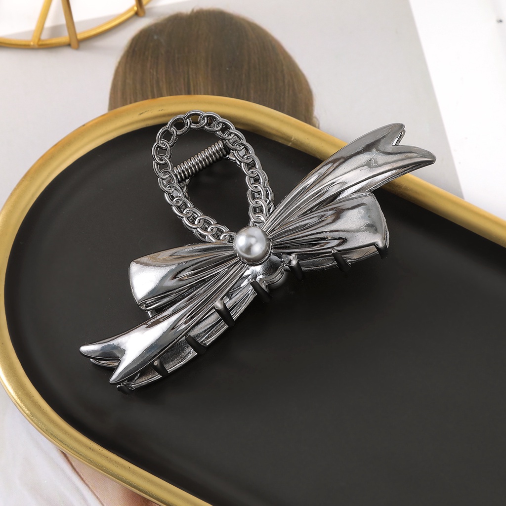 Kẹp Tóc Hình Nơ Đính Ngọc Trai Bằng Kim Loại Phong Cách Hàn Quốc Ngọt Ngào Cho Nữ