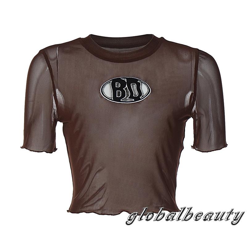 Áo Croptop Tay Ngắn Cổ Tròn Phối Lưới Thêu Chữ Phong Cách Đường Phố Cho Nữ