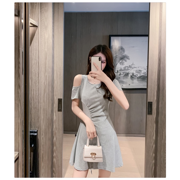 Đầm Chữ A Tay Ngắn Hở Vai Màu Trơn Đơn Giản Thời Trang Mùa Hè Phong Cách Hàn Quốc Cho Nữ