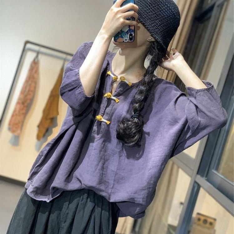 Áo Sơ Mi Vải Lanh cotton Dáng Rộng Màu Sắc Tương Phản Phong Cách Trung Hoa