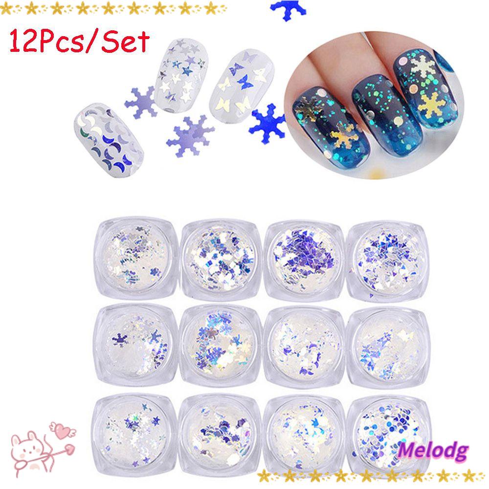 Set 12 Hộp Sequin Hình Bông Tuyết / Mặt Trăng / Ngôi Sao Trang Trí Móng Tay Nghệ Thuật DIY