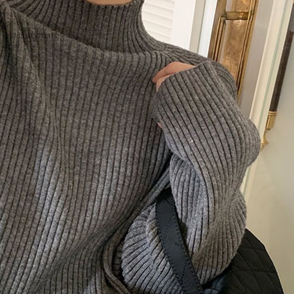 Áo Sweater Cổ Lọ Tay Dài Dáng Rộng Màu Sắc Đơn Giản Thiết Kế Xẻ Tà Thời Trang Mùa Đông Cho Nữ beautymartm1