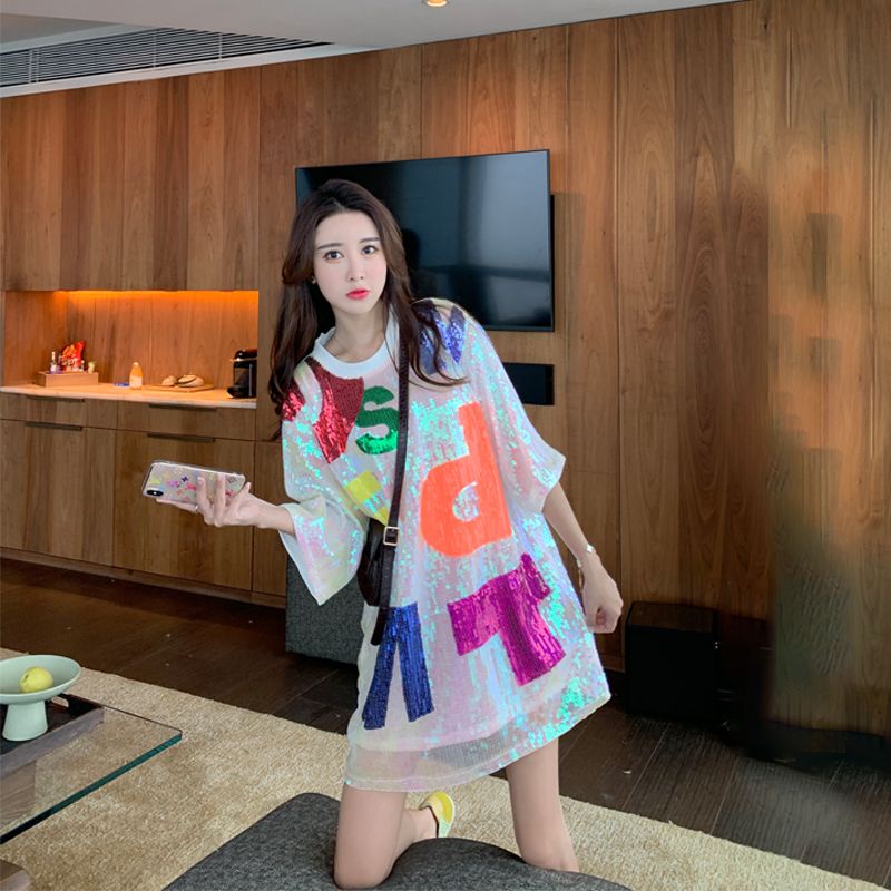 Áo Thun Dáng Rộng Cổ Tròn Màu Sắc Cầu Vồng Thời Trang Mùa Hè Hàn Quốc 2023