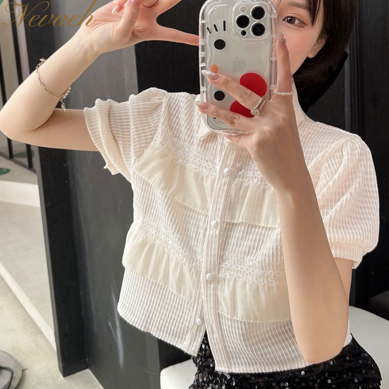 Áo Sơ Mi Tay Ngắn Cổ POLO Phối Ren Thời Trang Mùa Hè Hàn Quốc 2023