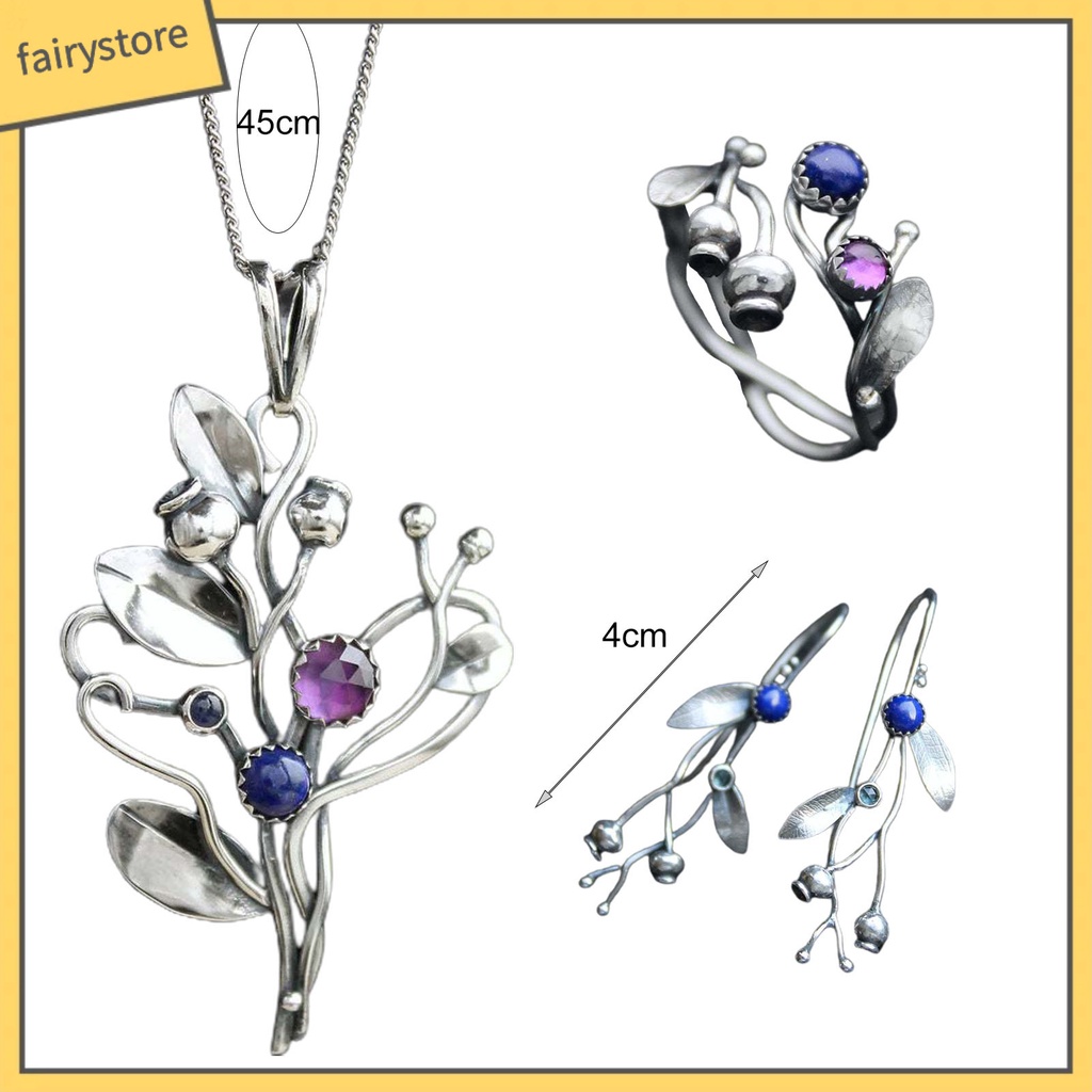 [FRO] Set Vòng cổ + Bông Tai + Nhẫn Hình Nhánh Cây Đính Đá Nhiều Màu Phong