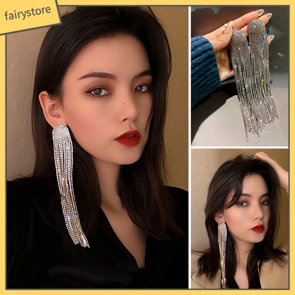 1 Đôi Bông Tai Dáng Dài Đính Đá Lấp Lánh Thời Trang Cho Nữ