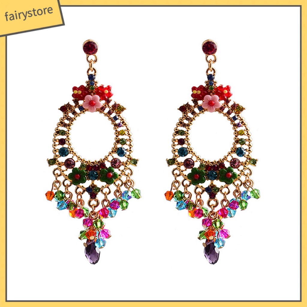 1 Cặp Bông Tai Tua Rua Đính Đá Nhiều Màu Phong Cách Bohemian