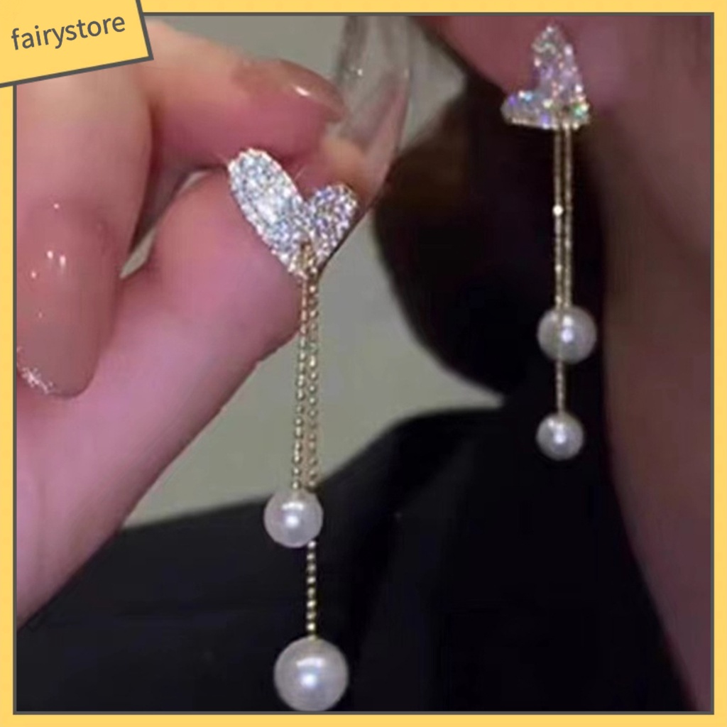 [FRO] Bông Tai Thả Dây Dài Hình Trái Tim Đính Kim Cương Giả Lấp Lánh Thanh Lịch Cho Nữ