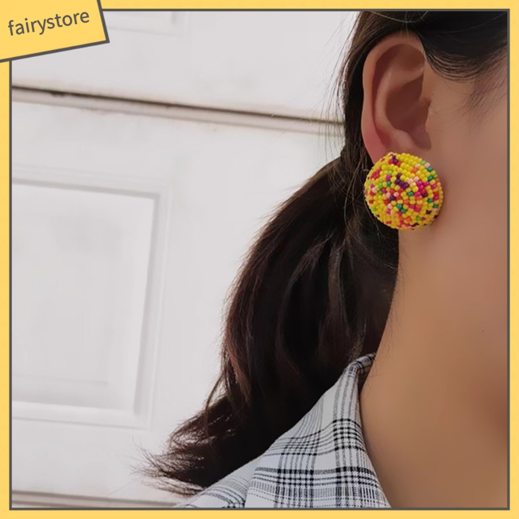 [FRO] 1 Đôi Bông Tai Xỏ Hạt Tròn Nhiều Màu Phong Cách Bohemian Vintage Thích Hợp Đi Tiệc