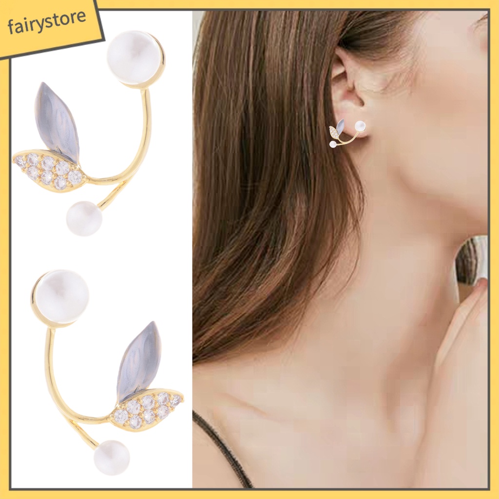 1 Đôi Bông Tai Hình Chiếc Lá Đính Ngọc Trai Nhân Tạo Phong Cách Hàn Quốc