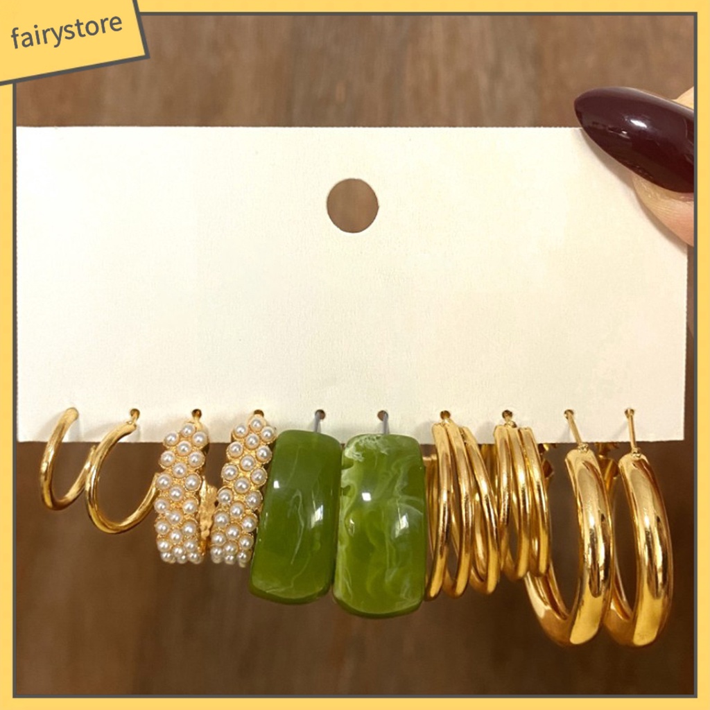 Set 5 Đôi Bông Tai Tròn Bằng Kim Loại Đính Ngọc Trai Nhân Tạo Phong Cách Bohemian