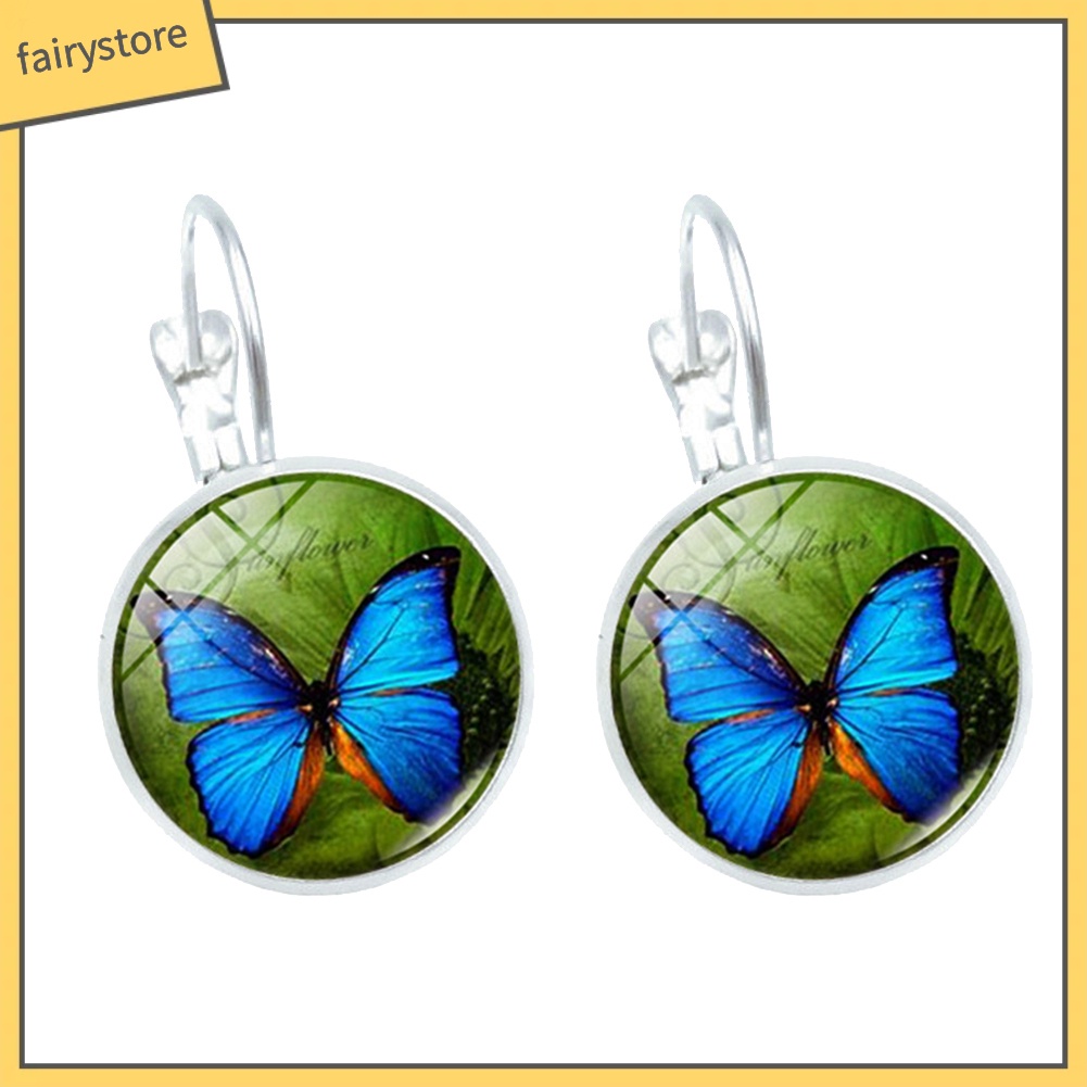 Bông Tai Tròn Mặt Kính Cabochon Hình Bướm Cổ Điển Cho Nữ