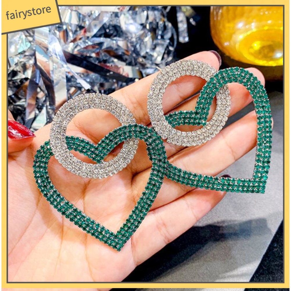 Bông Tai Hình Tròn Đính Đá Hình Trái Tim Cho Nữ