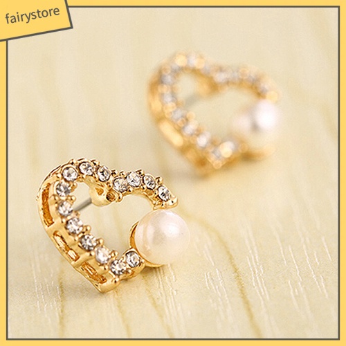 Bông Tai Hình Trái Tim Đính Đá &amp; Ngọc Trai Giả Cho Nữ