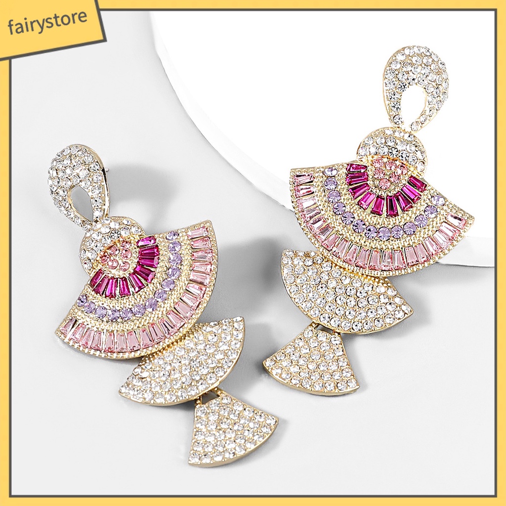 1 Đôi Bông Tai Hình Quạt Đính Đá Nhiều Màu Sắc Lấp Lánh Dành Cho Nữ